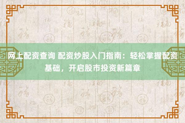 网上配资查询 配资炒股入门指南：轻松掌握配资基础，开启股市投资新篇章