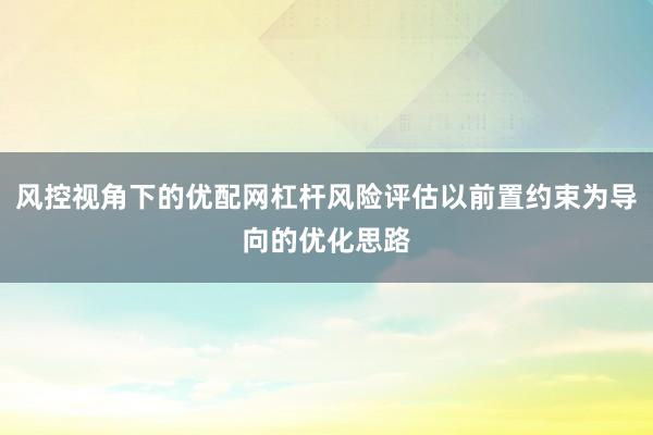 风控视角下的优配网杠杆风险评估以前置约束为导向的优化思路